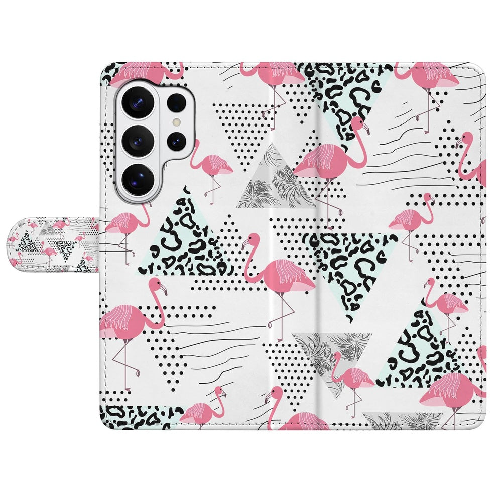 Telefoonhoesje Samsung Galaxy S26 Ultra Flamingo Triangle met Magnetische sluiting met roze flamingo's en grafische patronen.