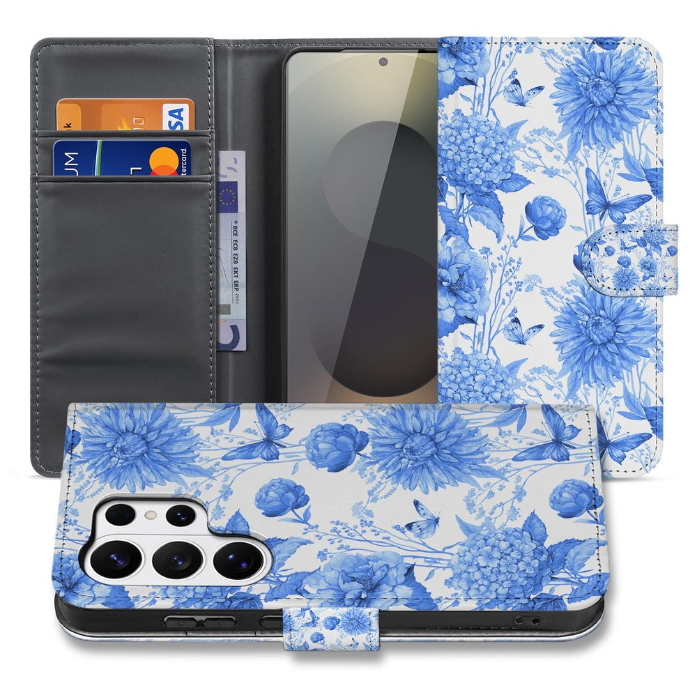 Samsung Galaxy S26 Ultra Portemonnee Hoesje Blauw Bloemen met Magnetische sluiting met bloemenpatroon en creditcardhouders
