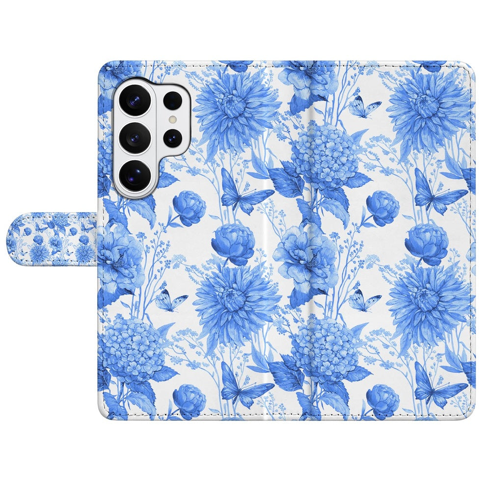 Samsung Galaxy S26 Ultra Portemonnee Hoesje Blauw Bloemen met Magnetische sluiting met mooi bloemenpatroon