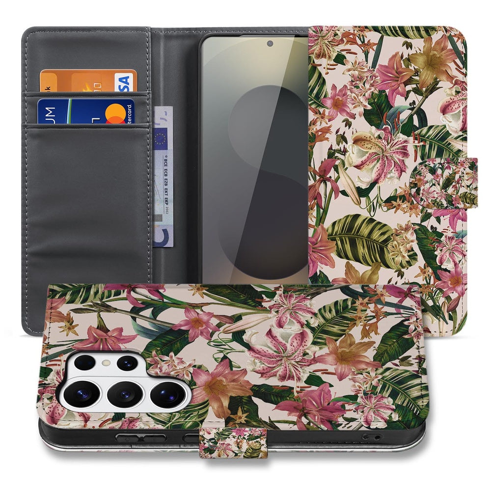 Bookcase Samsung Galaxy S26 Ultra Paars Wit Bloemen Portemonnee Hoesje met kleurrijk bloemenpatroon en ruimte voor pasjes.