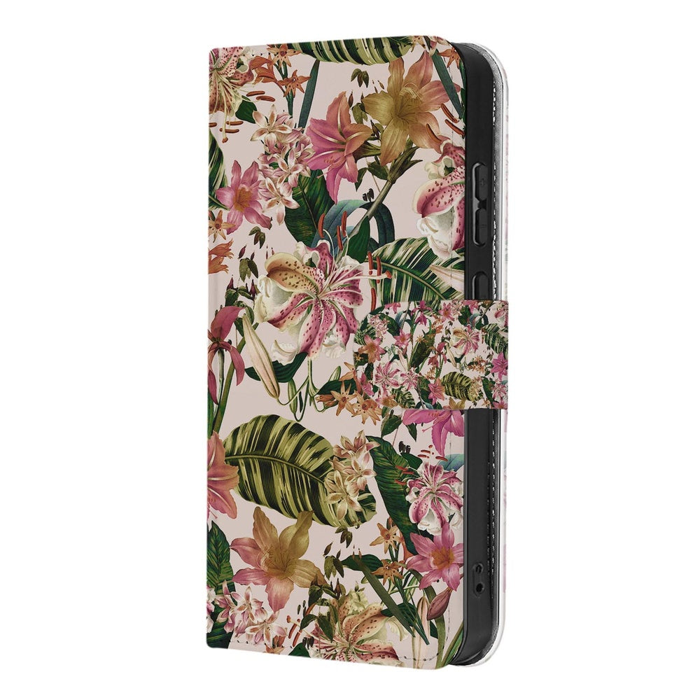 Bookcase Samsung Galaxy S26 Ultra Paars Wit Bloemen Portemonnee Hoesje met kleurrijk bloemenpatroon op kunstleer.