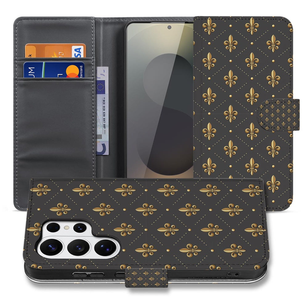 Book Case Samsung Galaxy S26 Ultra Franse Lelie Bruin Goud met Pasjeshouder, elegant design met pasjesvak.