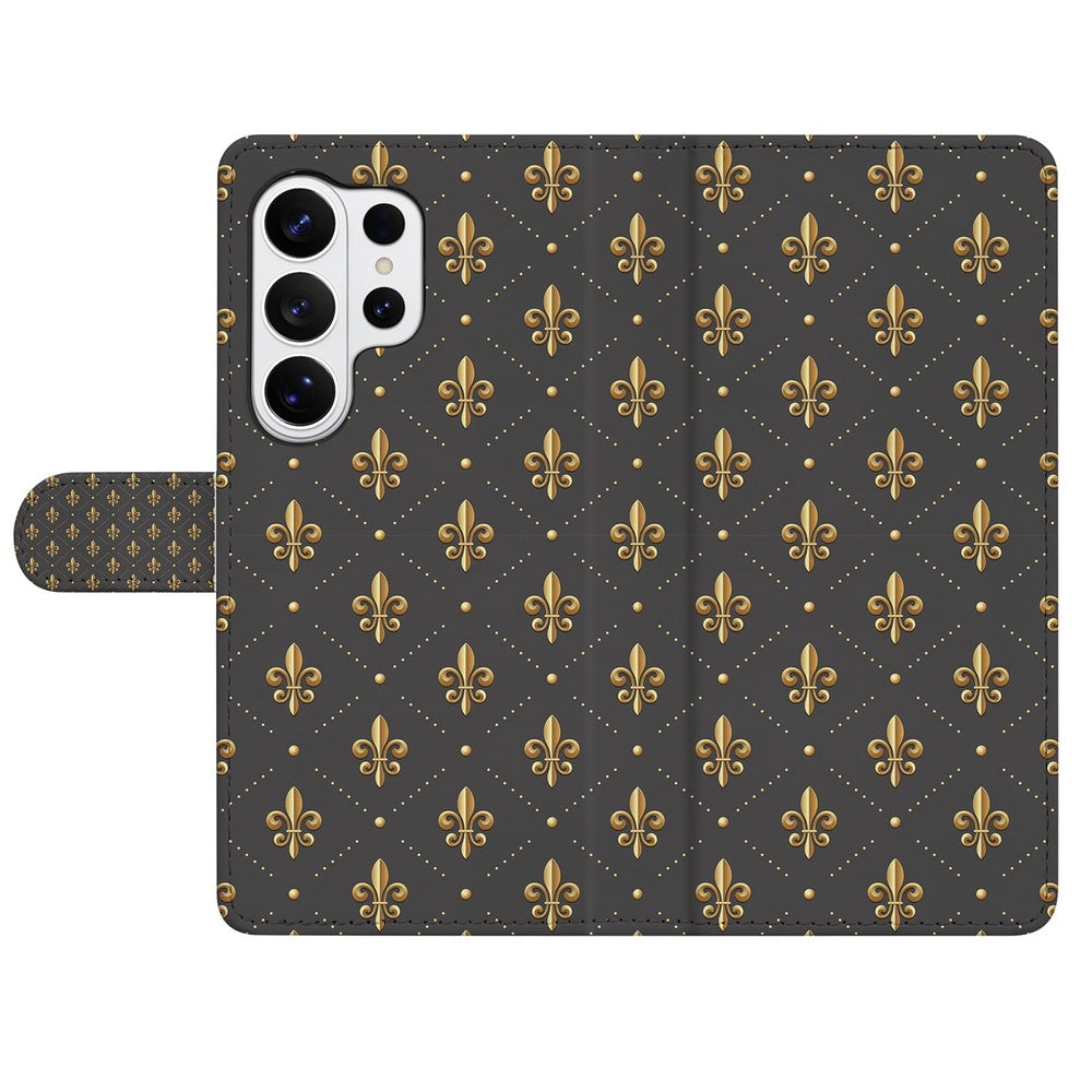 Book Case Samsung Galaxy S26 Ultra Franse Lelie Bruin Goud met Pasjeshouder, elegant design met bloemenmotief.
