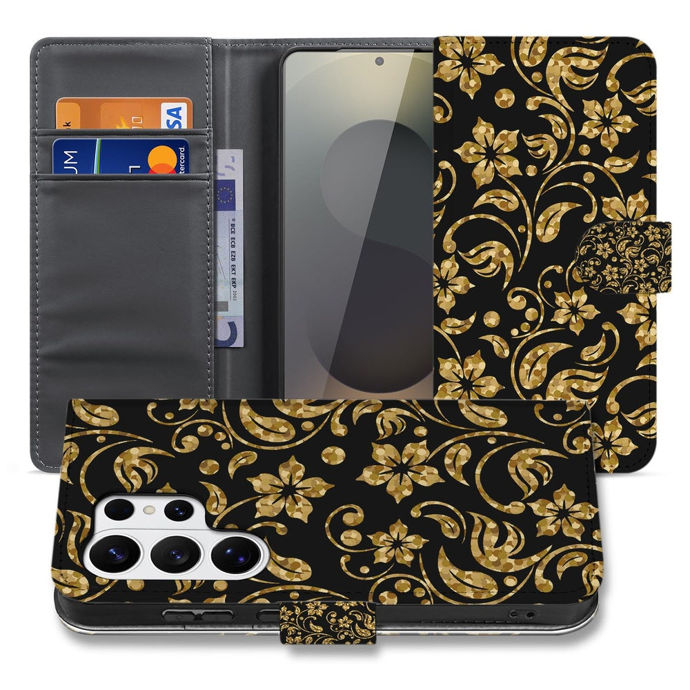 Samsung Galaxy S26 Ultra Boekhoes Gouden Bloemen met Pasjeshouder met zwart en gouden bloemenpatroon