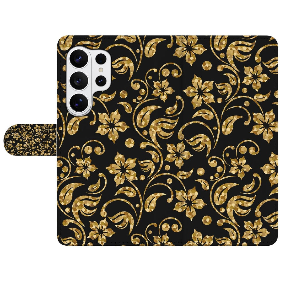 Samsung Galaxy S26 Ultra Boekhoes Gouden Bloemen met Pasjeshouder met stijlvol bloemendessin op zwart.
