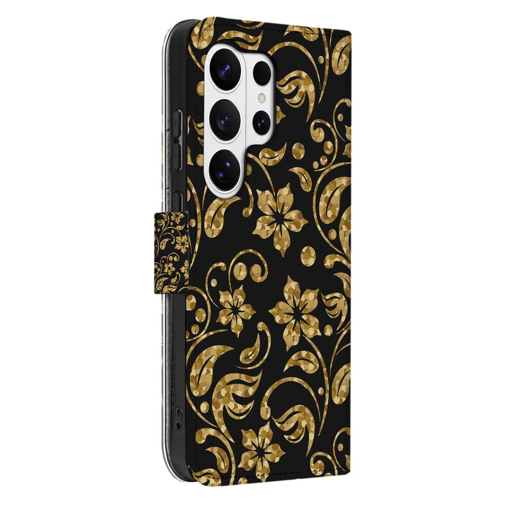Samsung Galaxy S26 Ultra Boekhoes Gouden Bloemen met Pasjeshouder met stijlvol gouden bloemenpatroon.