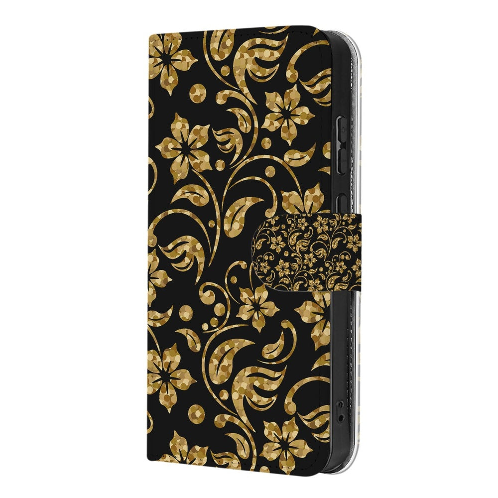 Samsung Galaxy S26 Ultra Boekhoes Gouden Bloemen met Pasjeshouder in elegant zwart-gouden design.