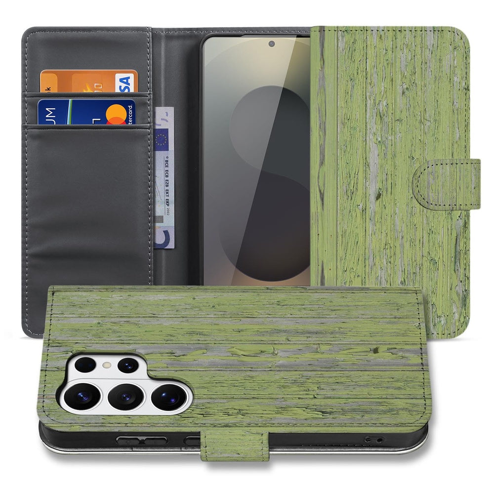 Samsung Galaxy S26 Ultra Book Case Groen Houtnerf Portemonnee Hoesje Vooraanzicht.