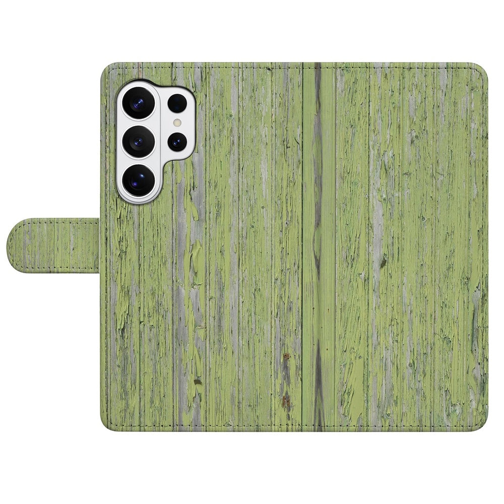 Samsung Galaxy S26 Ultra Book Case Groen Houtnerf Portemonnee Hoesje Vooraanzicht.