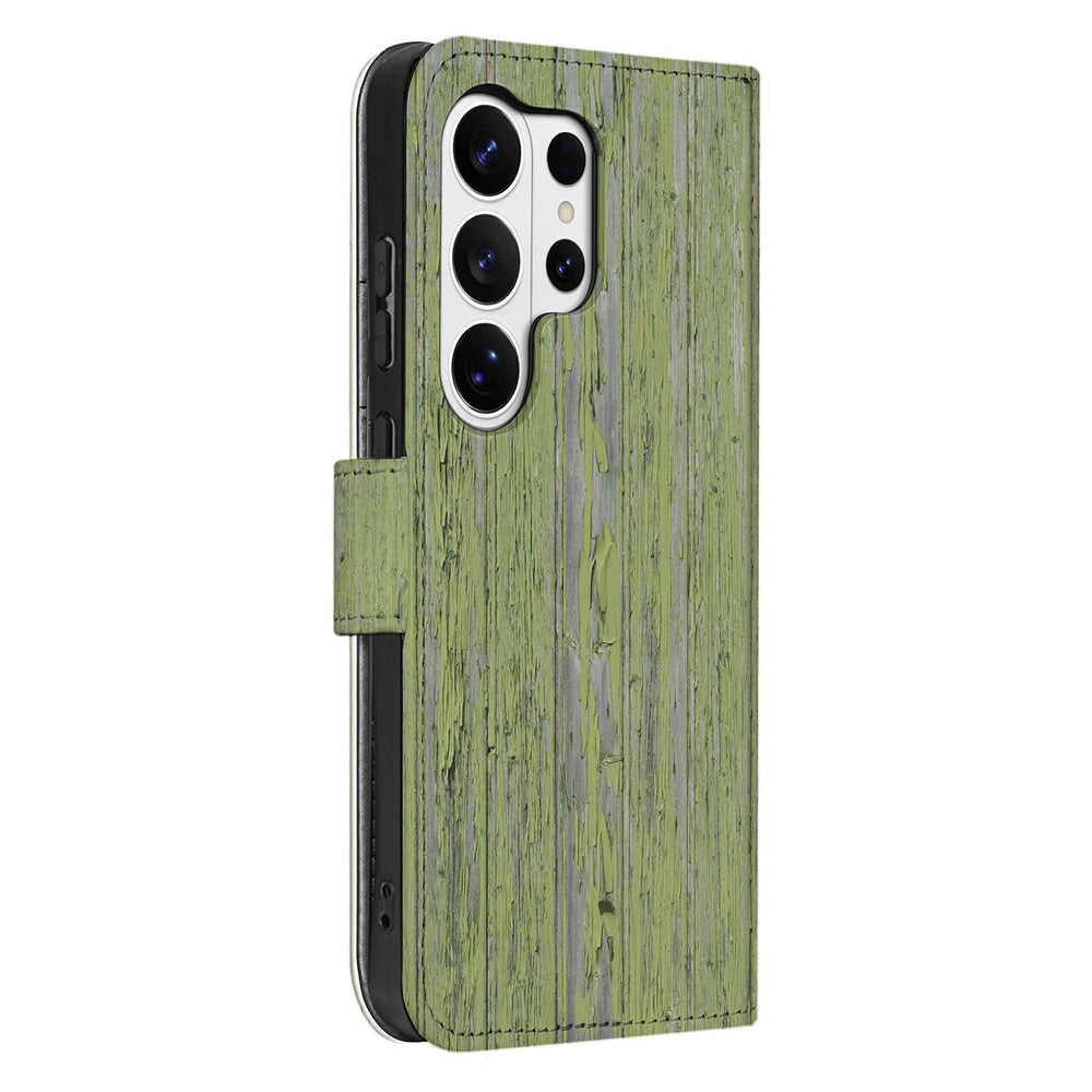 Samsung Galaxy S26 Ultra Book Case Groen Houtnerf Portemonnee Hoesje Vooraanzicht.