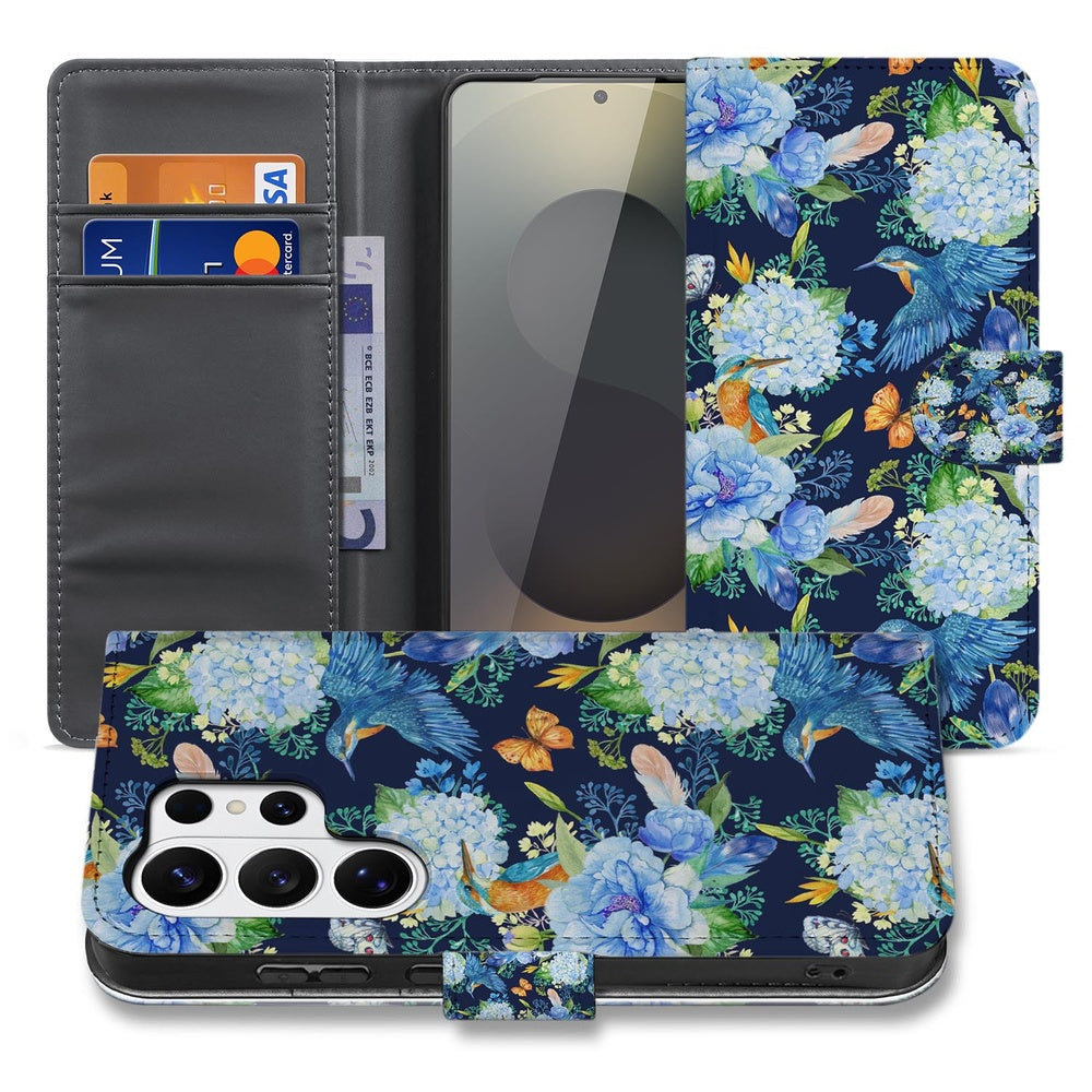 Samsung Galaxy S26 Ultra Telefoonhoesje Met Pasjes Ijsvogel bloemen vooraanzicht.
