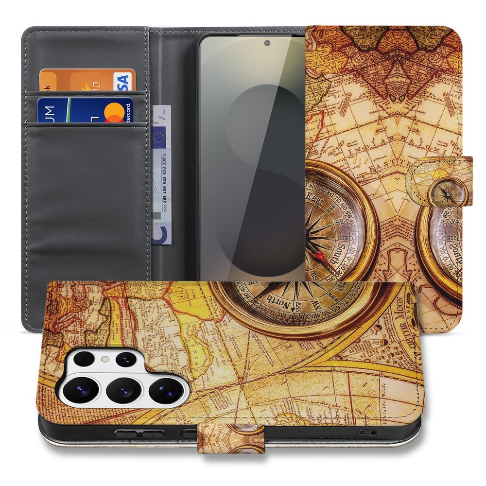 Samsung Galaxy S26 Ultra Book Case Kompas Portemonnee Hoesje ontwerp met kaart en kompas vooraanzicht.