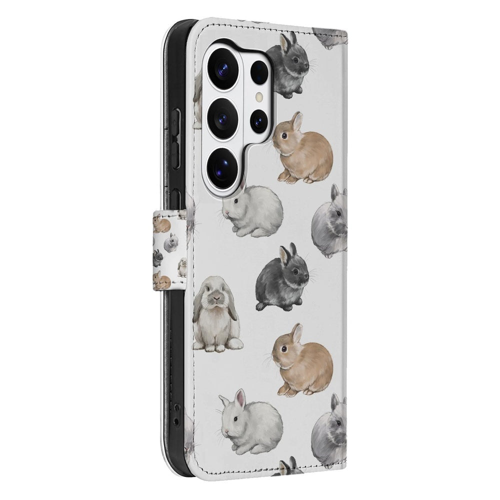 Samsung Galaxy S26 Ultra Telefoonhoesje Met Pasjes Konijntjes grijs wit zijaanzicht.