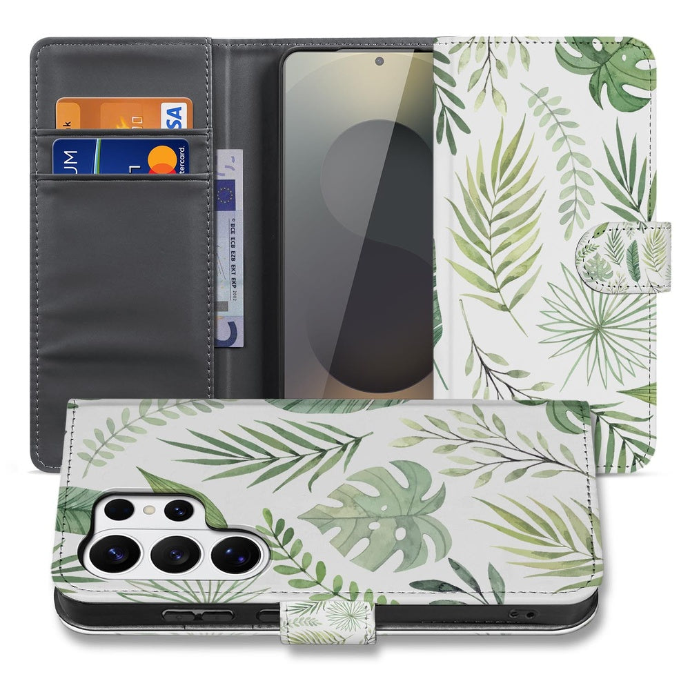 Samsung Galaxy S26 Ultra Book Case Bladeren Lichtgroen Wit Pasjeshouder Vooraanzicht.