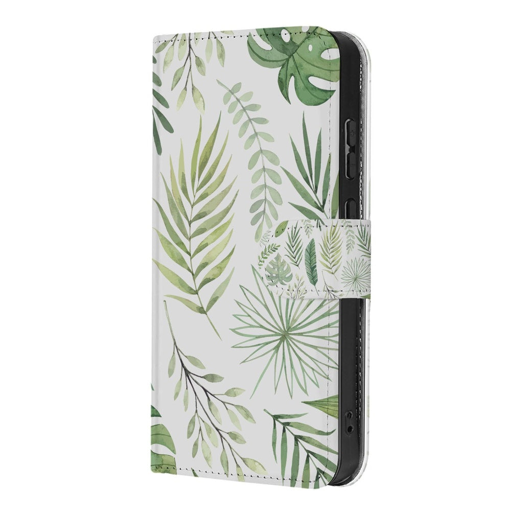 Samsung Galaxy S26 Ultra Book Case Bladeren Lichtgroen Wit Pasjeshouder Vooraanzicht.