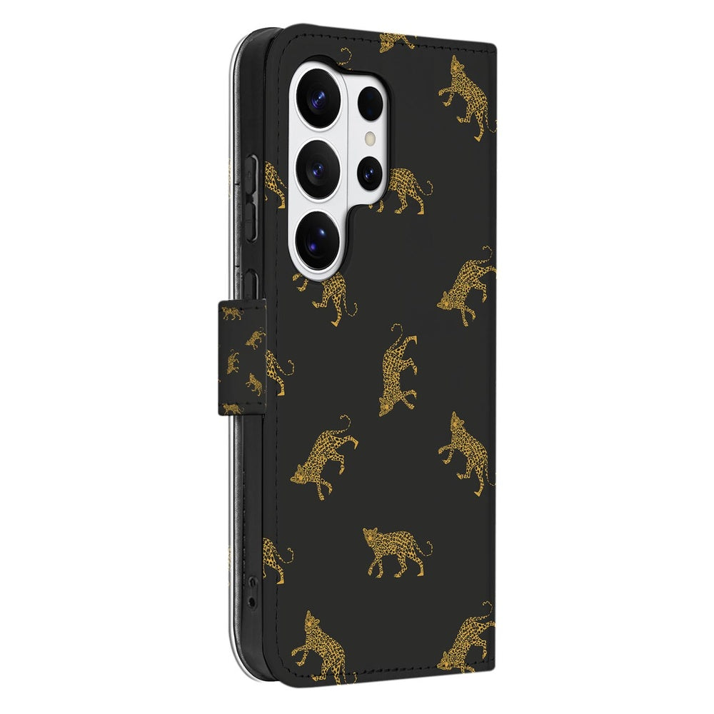 Samsung Galaxy S26 Ultra Telefoonhoesje Met Pasjes Luipaardprint Aanzicht van de zijkant.