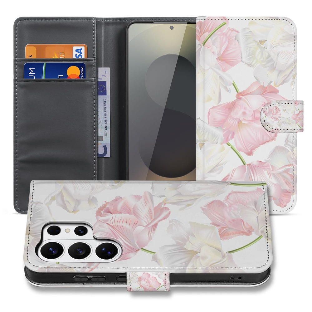 Samsung Galaxy S26 Ultra Bookcase Hoesje Lovely Flowers Roze Wit met Pasjeshouder Vooraanzicht.