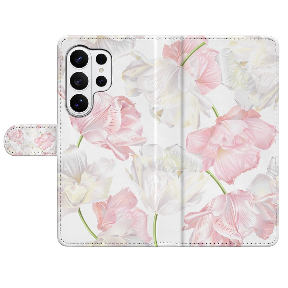 Samsung Galaxy S26 Ultra Bookcase Hoesje Lovely Flowers Roze Wit met Pasjeshouder Vooraanzicht.