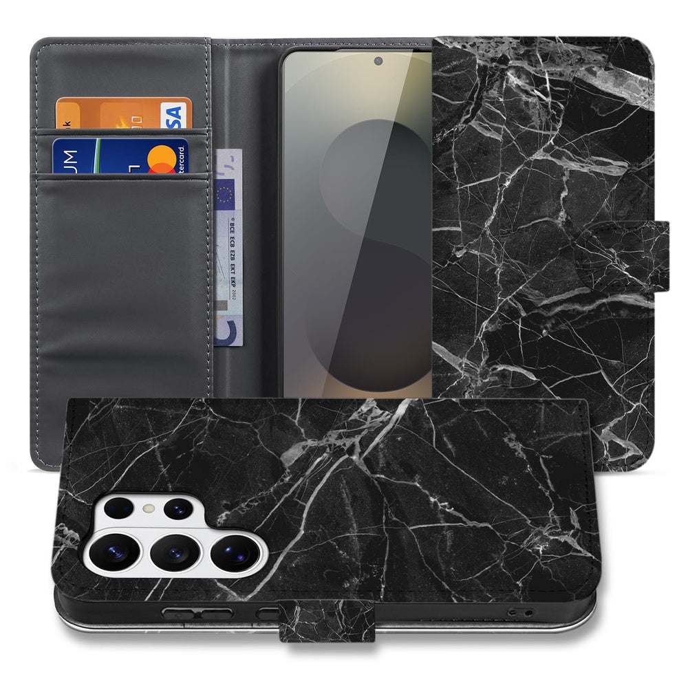 Samsung Galaxy S26 Ultra Bookcase Zwart Marmer Portemonnee Hoesje detailweergave.