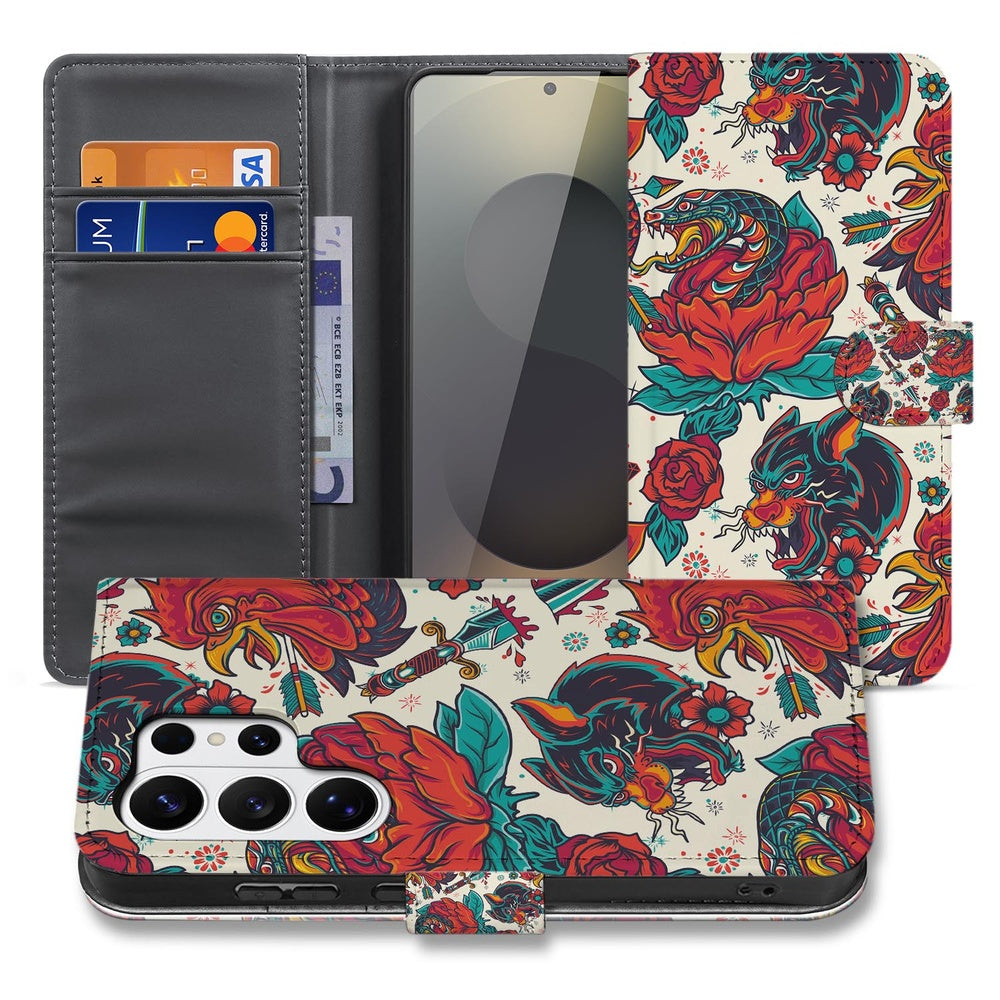 Samsung Galaxy S26 Ultra Telefoonhoesje Old Skool met Pasjeshouder vintage tattoo print vooraanzicht.