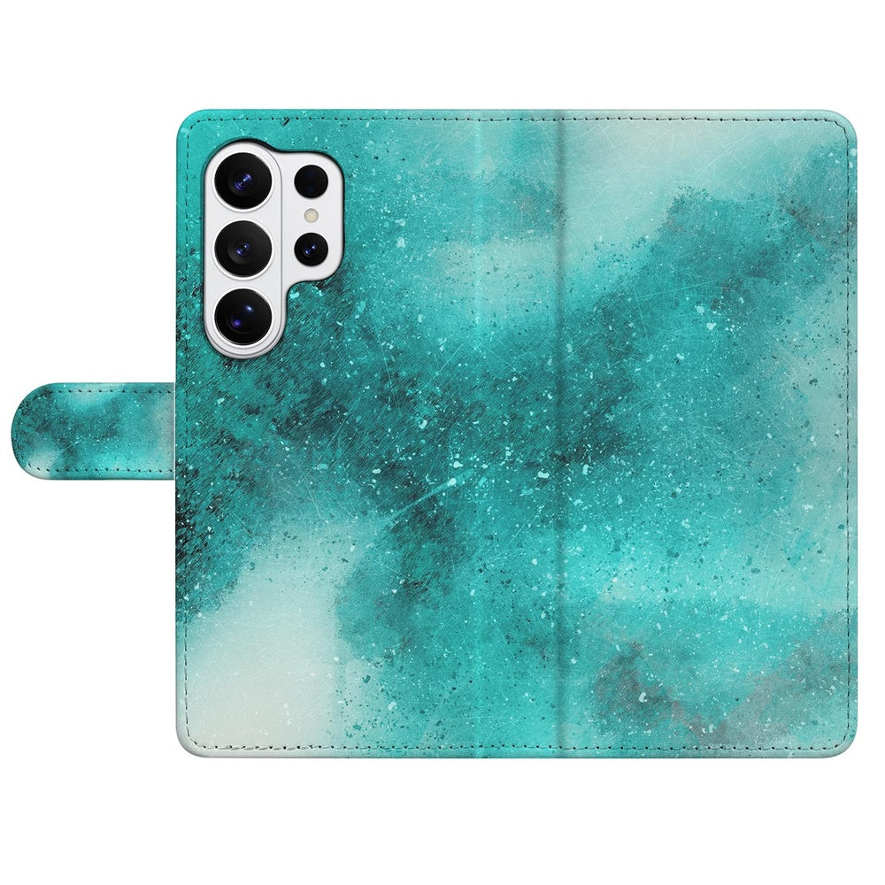 Samsung Galaxy S26 Ultra Bookcase Hoesje Painting Blue met Pasjeshouder turquoise design vooraanzicht.