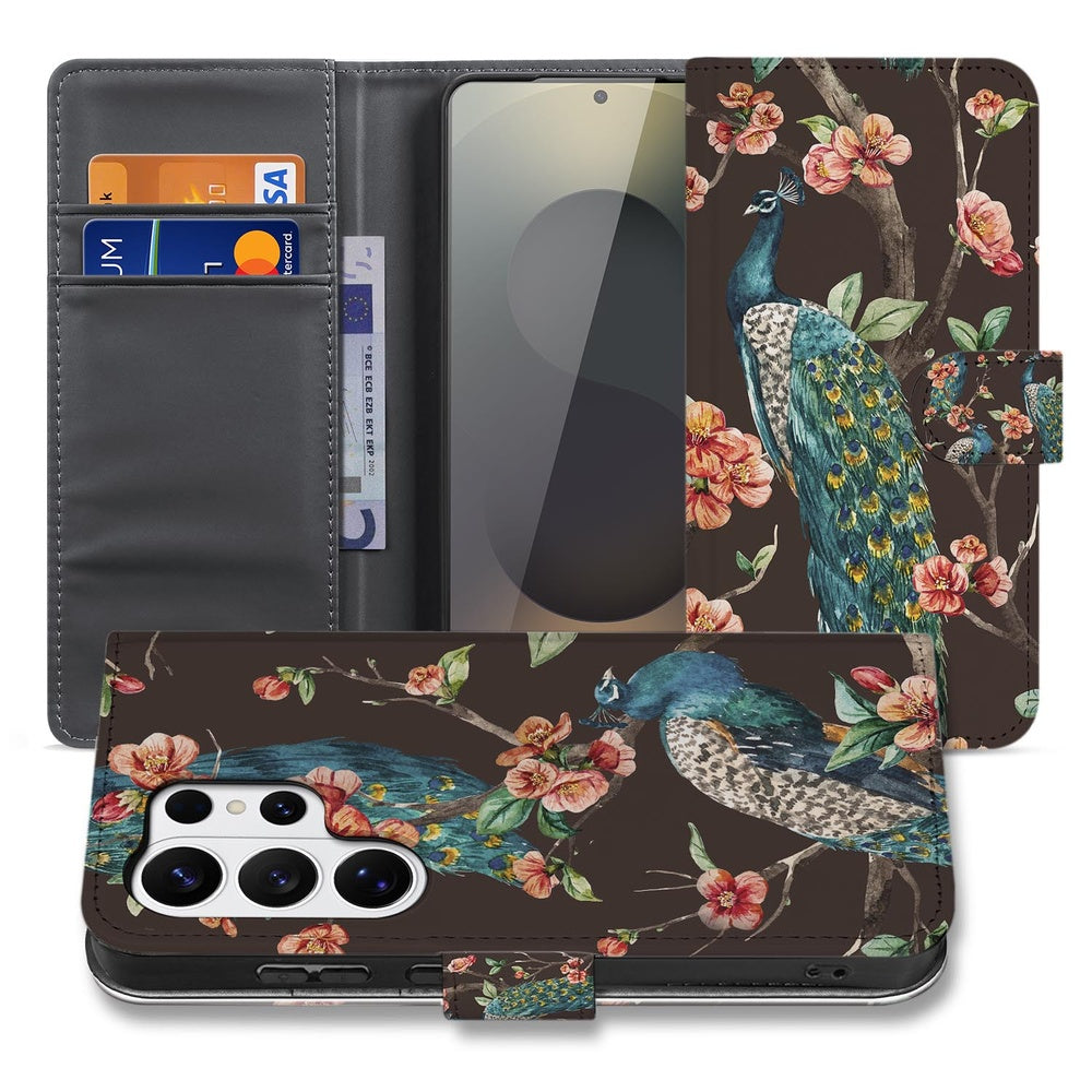 Samsung Galaxy S26 Ultra Bookcase Hoesje Pauw Bloemen Print met Magnetische sluiting Vooraanzicht.