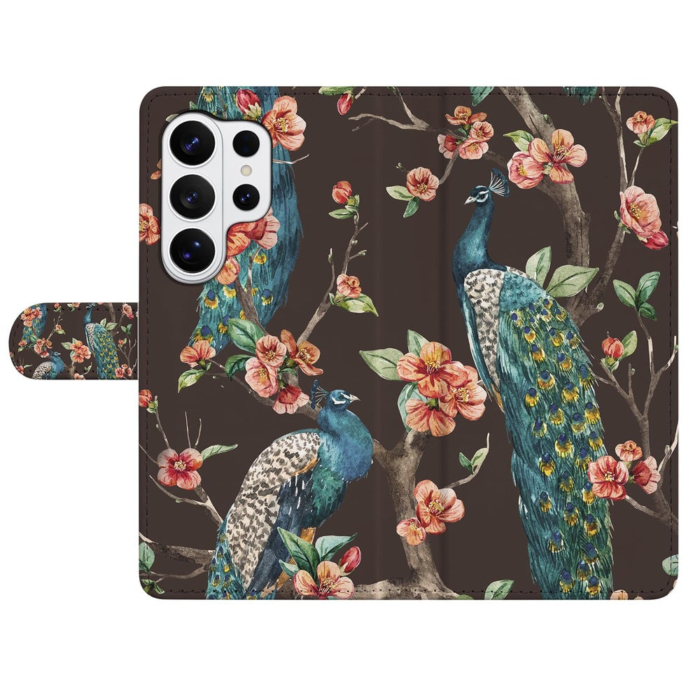 Samsung Galaxy S26 Ultra Bookcase Hoesje Pauw Bloemen Print met Magnetische sluiting Vooraanzicht.