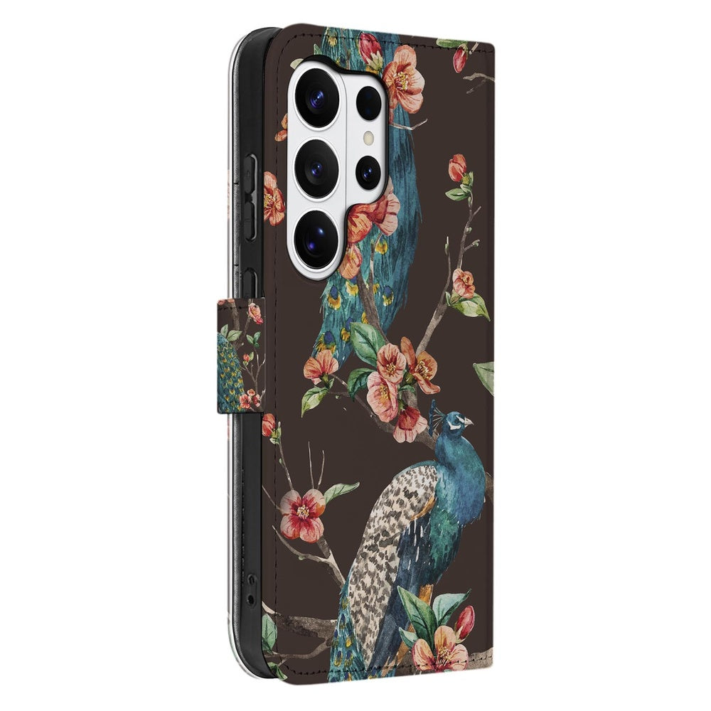 Samsung Galaxy S26 Ultra Bookcase Hoesje Pauw Bloemen Print met Magnetische sluiting Vooraanzicht.