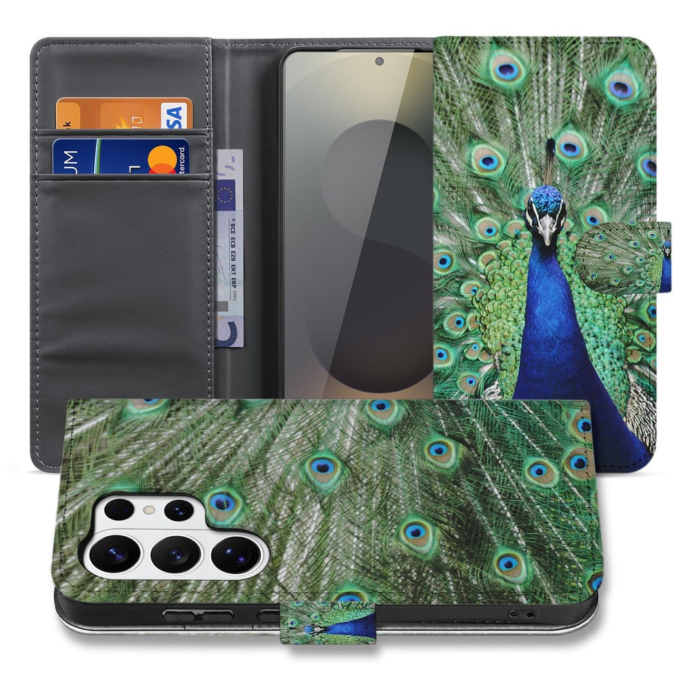 Samsung Galaxy S26 Ultra Bookcase Hoesje Met Pauwprint Portemonnee Hoesje detail weergave.