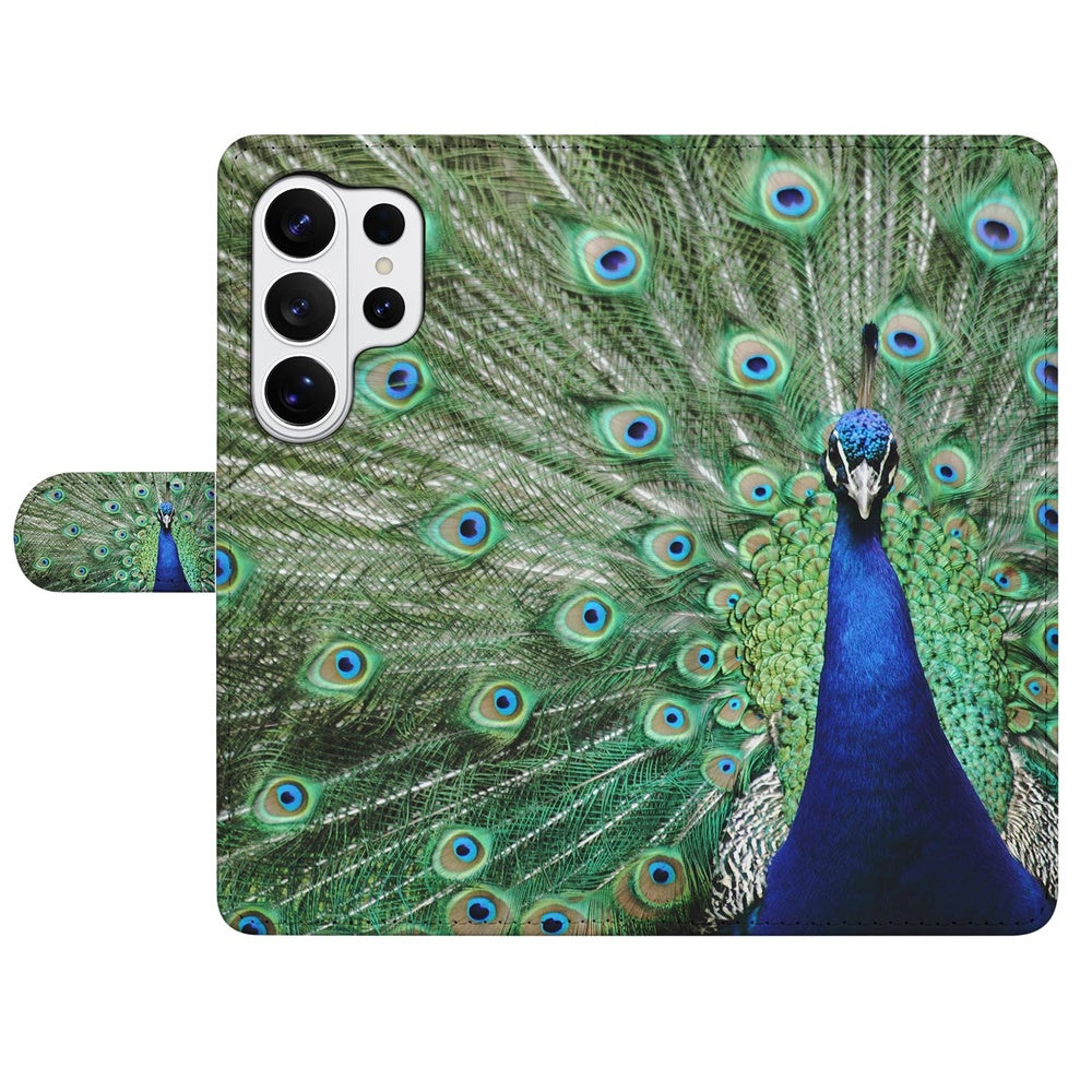 Samsung Galaxy S26 Ultra Bookcase Hoesje Met Pauwprint Portemonnee Hoesje pauwprint design vooraanzicht.