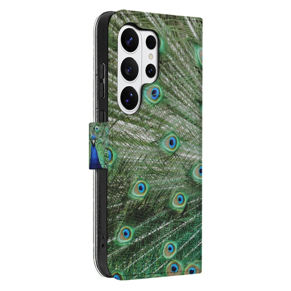 Samsung Galaxy S26 Ultra Bookcase Hoesje Met Pauwprint Portemonnee Hoesje zijkant pauwprint design.