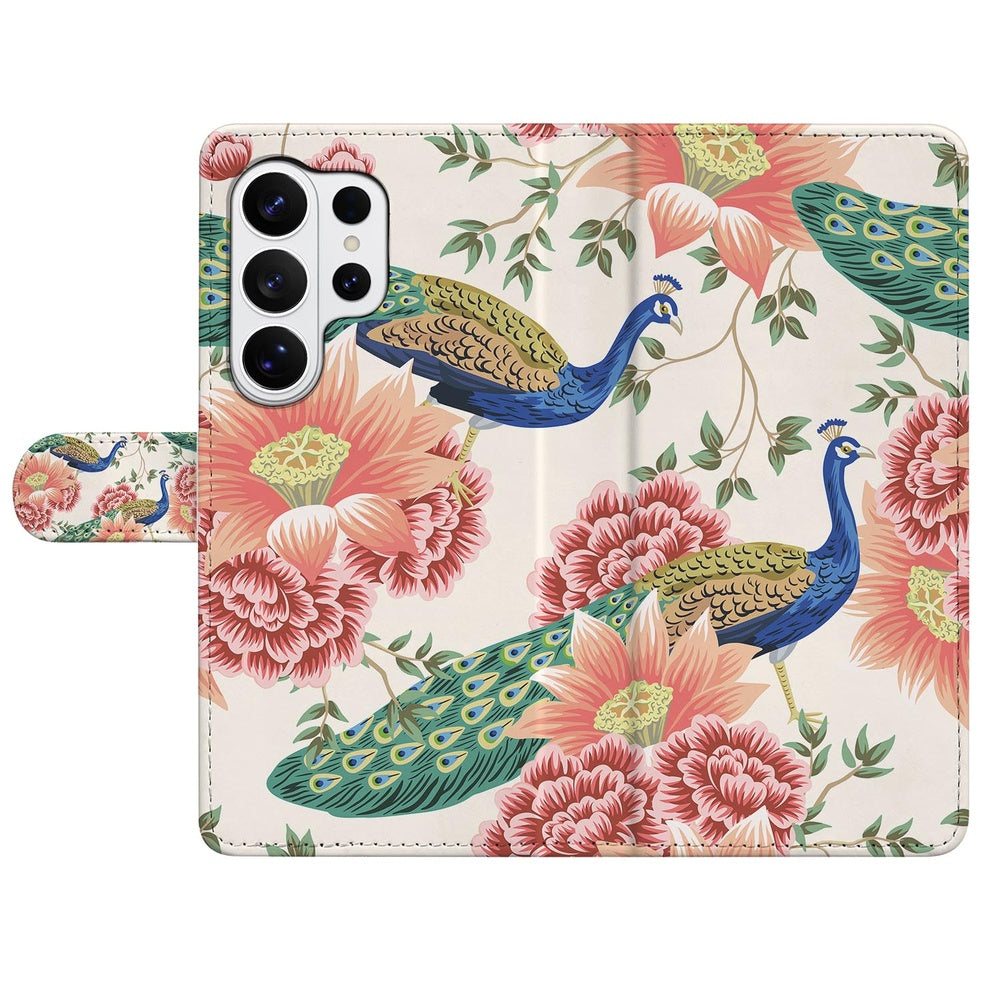 Portemonnee Hoesje Samsung Galaxy S26 Ultra Pink Peacock met Pasjeshouder bloemendetail.