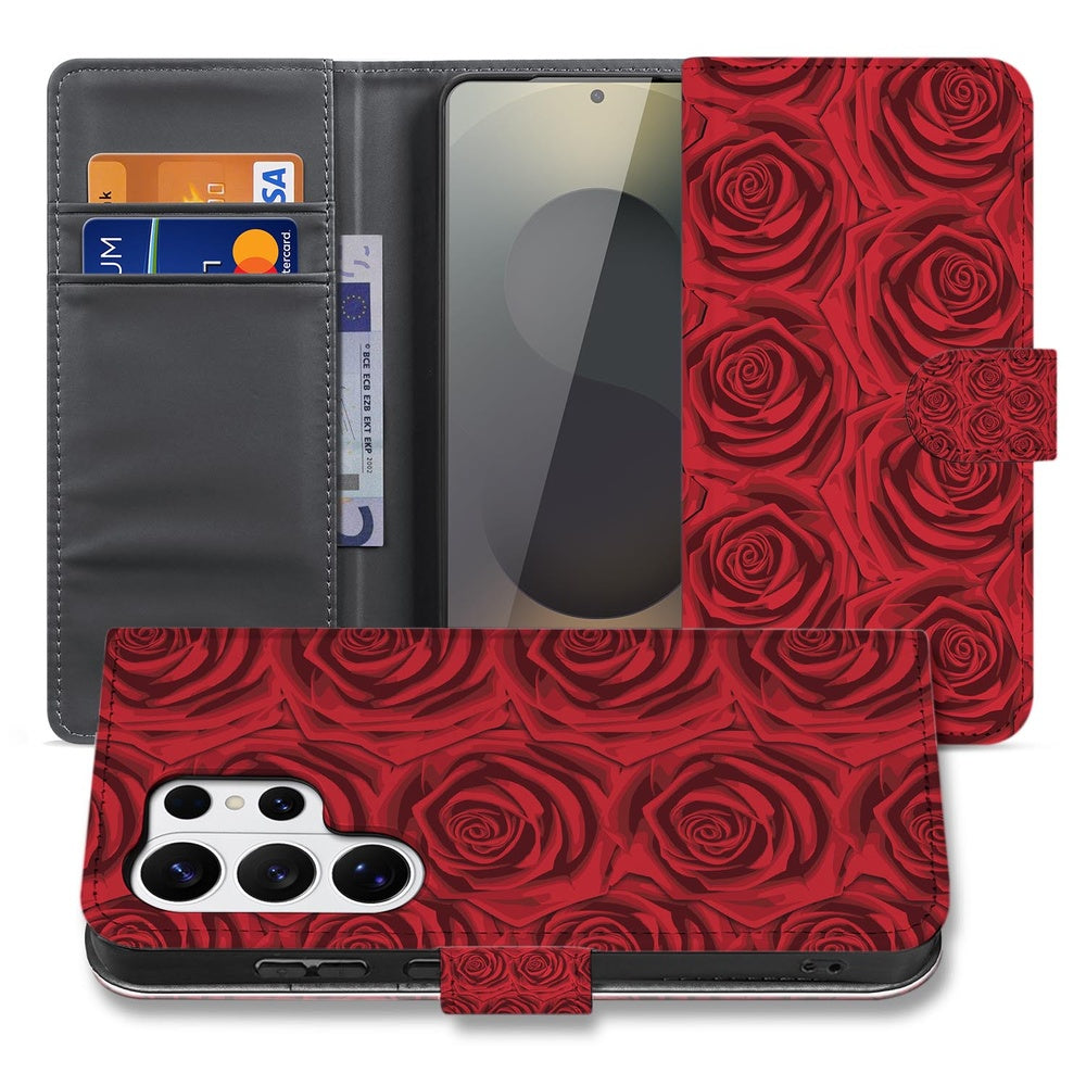 Telefoonhoesje Samsung Galaxy S26 Ultra Red Roses Portemonnee Hoesje vooraanzicht met rozenprint en pasjesvak.
