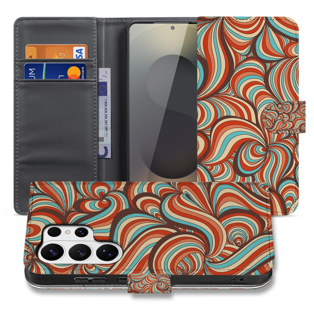 Samsung Galaxy S26 Ultra Hoesje Retro met Pasjeshouder retro patroon cognac turquoise bruin vooraanzicht.