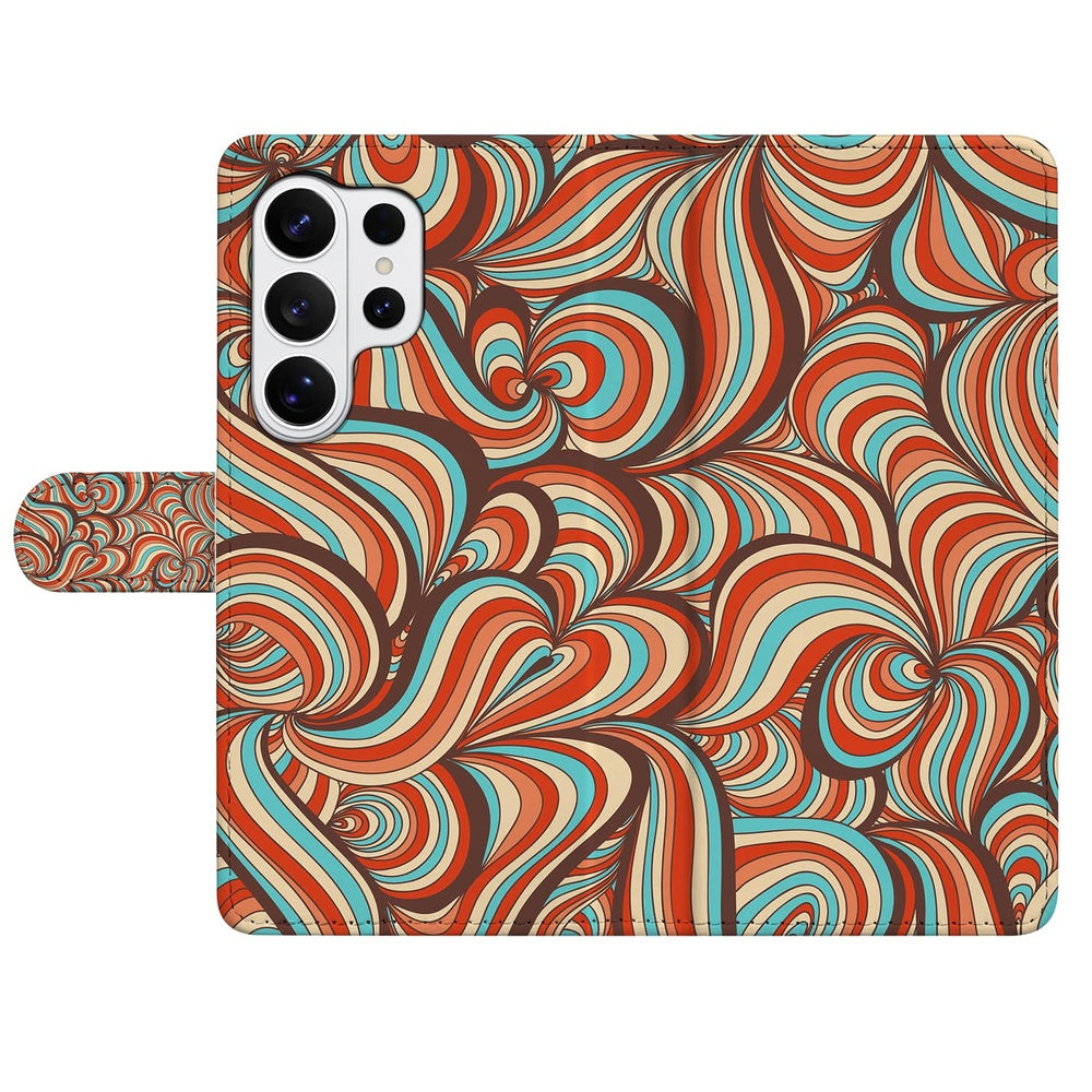 Samsung Galaxy S26 Ultra Hoesje Retro met Pasjeshouder Retro patroon cognac turquoise bruin Vooraanzicht.