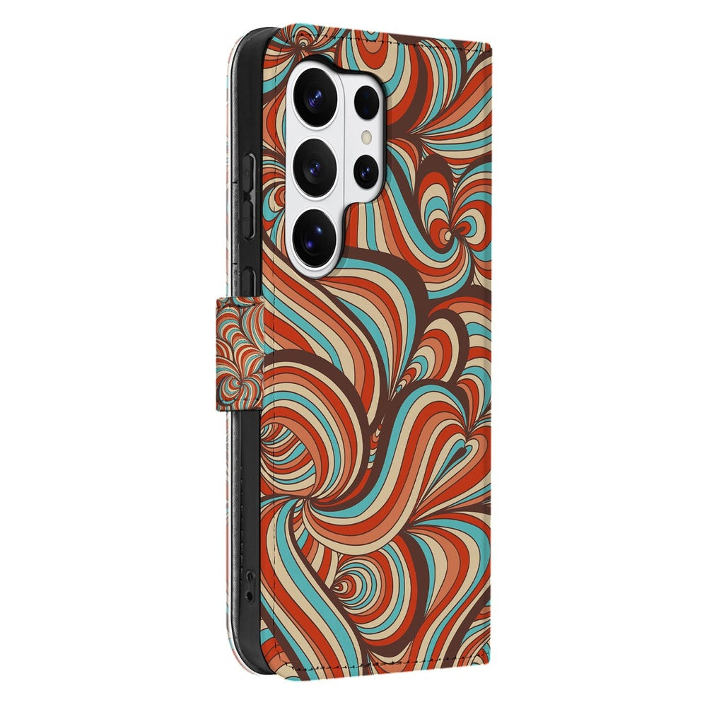 Samsung Galaxy S26 Ultra Hoesje Retro met Pasjeshouder retro-patroon cognac turquoise bruin vooraanzicht.