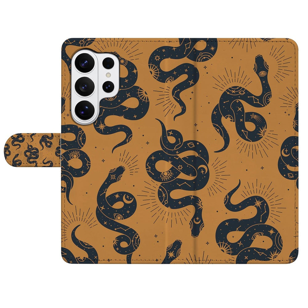 Telefoonhoesje Samsung Galaxy S26 Ultra Slangenontwerp met Pasjeshouder slangenprint bruin voorkant.