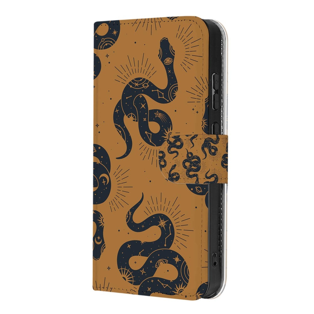 Telefoonhoesje Samsung Galaxy S26 Ultra Slangenontwerp met Pasjeshouder Slangenprint bruin zwart vooraanzicht.