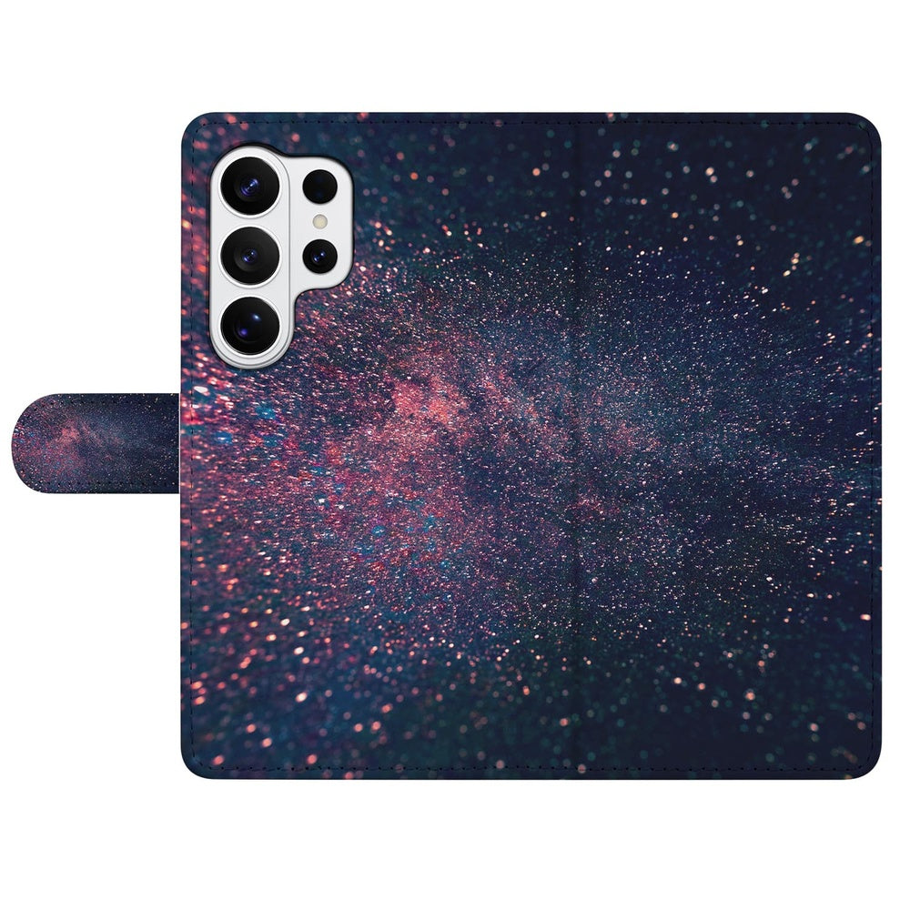 Book Case Samsung Galaxy S26 Ultra Paars Blauw Glitter Sterren Portemonnee Hoesje design voorkant.