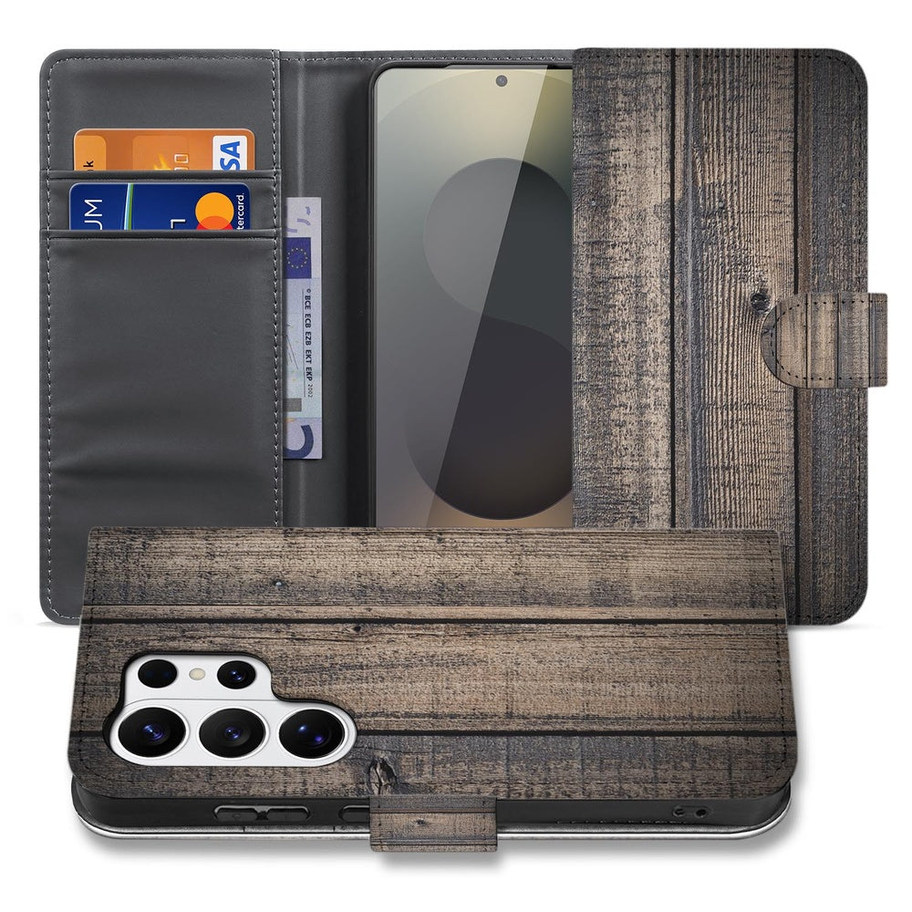 Samsung Galaxy S26 Ultra Bookstyle Hoes Steigerhout Design met Magnetische sluiting Vooraanzicht.