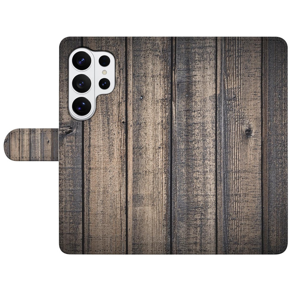 Samsung Galaxy S26 Ultra Bookstyle Hoes Steigerhout Design met Magnetische sluiting Vooraanzicht.