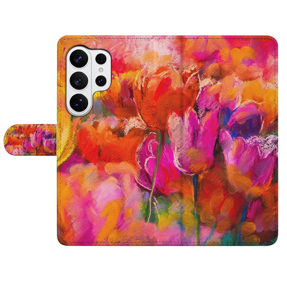 Samsung Galaxy S26 Ultra Bookcase Hoesje Tulips met Magnetische sluiting detail tulpen watercolordesign.