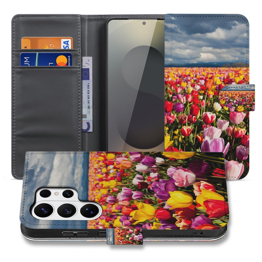 Portemonnee Hoesje Samsung Galaxy S26 Ultra Tulpen Motief met Pasjeshouder Voorzijde detail. 