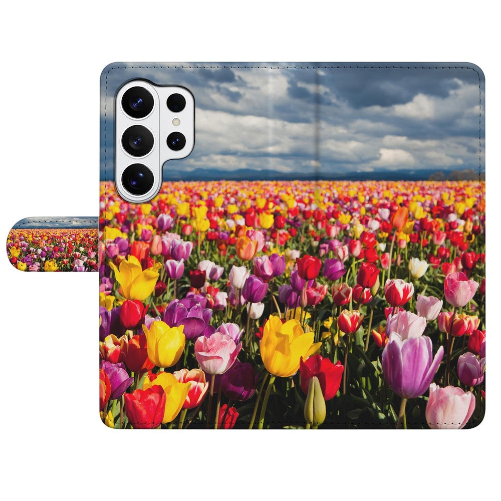 Portemonnee Hoesje Samsung Galaxy S26 Ultra Tulpen Motief met Pasjeshouder bloemenveld voorkant.