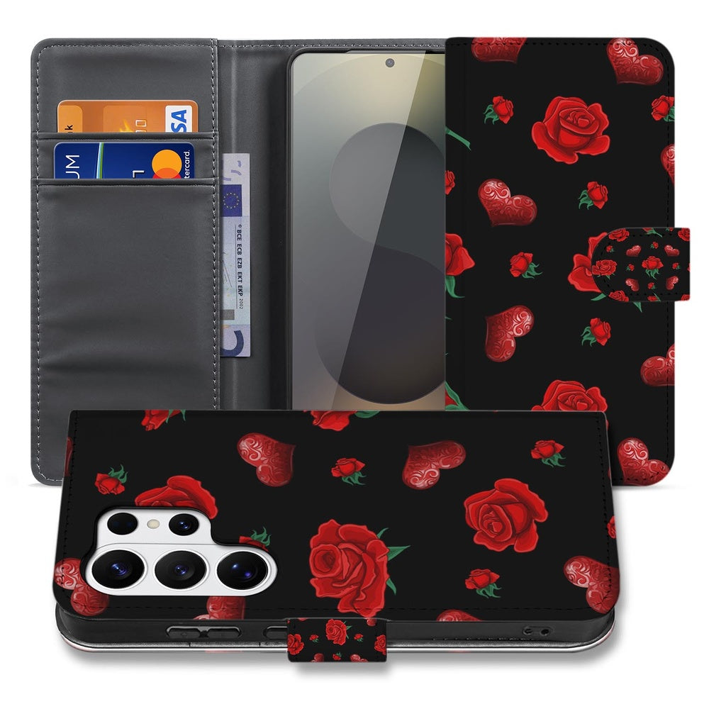 Samsung Galaxy S26 Ultra Bookcase Hoesje Valentine Portemonnee Hoesje zwart met rode rozen design vooraanzicht.