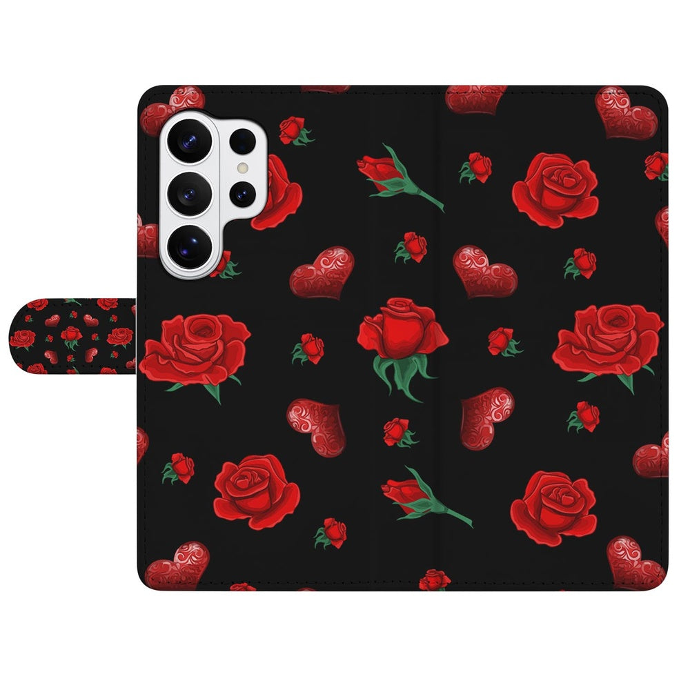 Samsung Galaxy S26 Ultra Bookcase Hoesje Valentine Portemonnee Hoesje bloemen hartjes patroon voorkant.