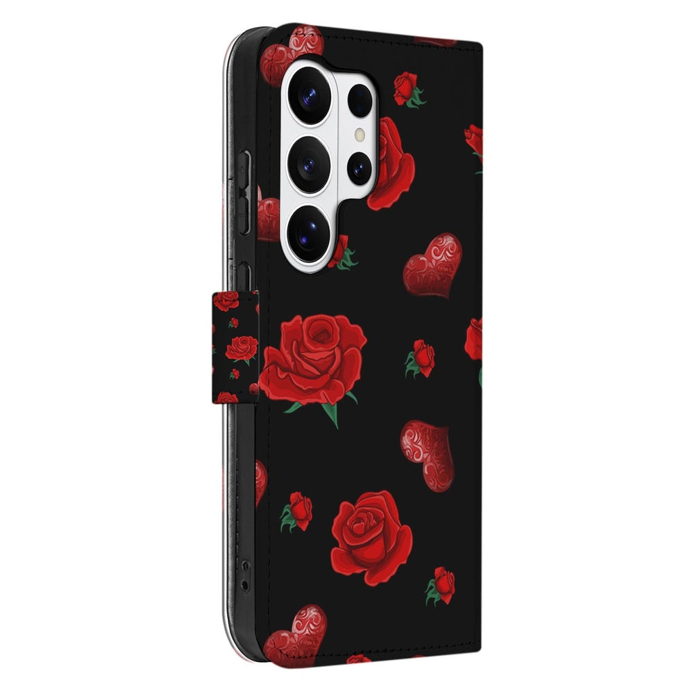 Samsung Galaxy S26 Ultra Bookcase Hoesje Valentine Portemonnee Hoesje zwart met rode rozen en harten vooraanzicht.