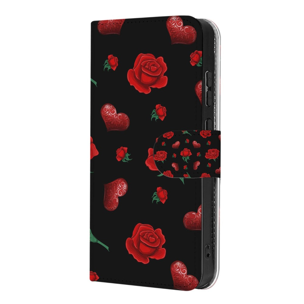 Samsung Galaxy S26 Ultra Bookcase Hoesje Valentine Portemonnee Hoesje zwart met rode rozen en harten vooraanzicht.