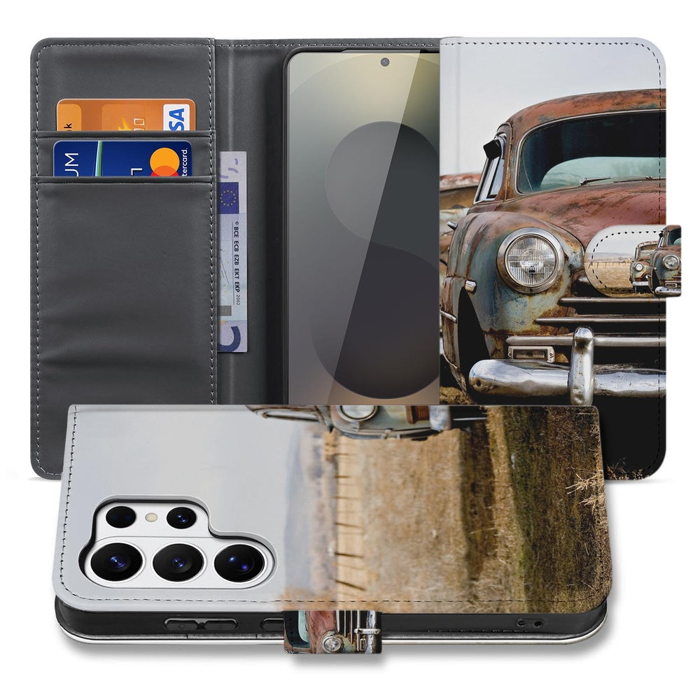 Samsung Galaxy S26 Ultra Portemonnee Hoesje Vintage Auto met Magnetische sluiting vooraanzicht.