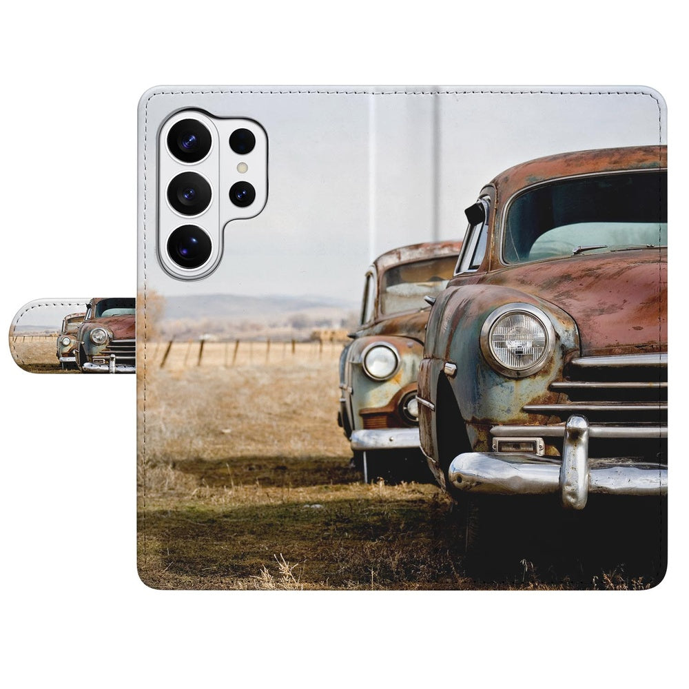 Samsung Galaxy S26 Ultra Portemonnee Hoesje Vintage Auto met Magnetische sluiting Vooraanzicht.